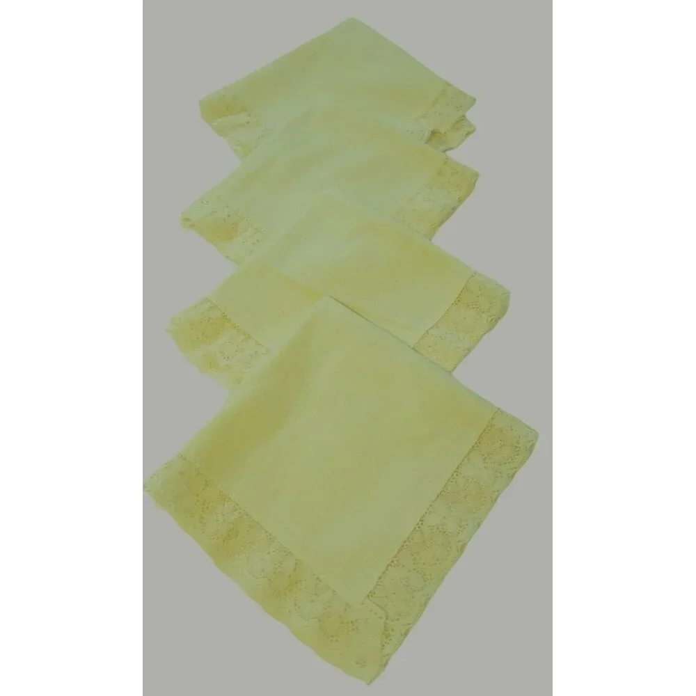 Set of 4 Vintage Lace Trim Linen Cloth‎ Napkins Pale Yellow 16